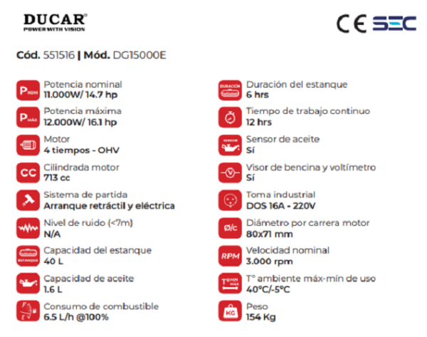 Generador bencinero monofásico DUCAR 11. 000 Watts DGE15000 - Imagen 3